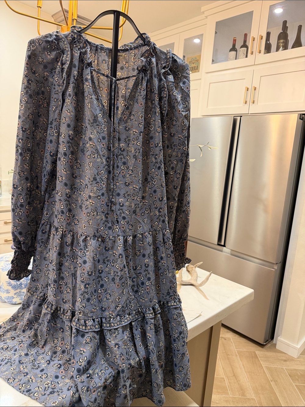 Max Studio Dusty Blue Floral Long Sleeve Tiered Dress
